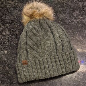 CC Cable Knit Beanie with Faux Fur Pom